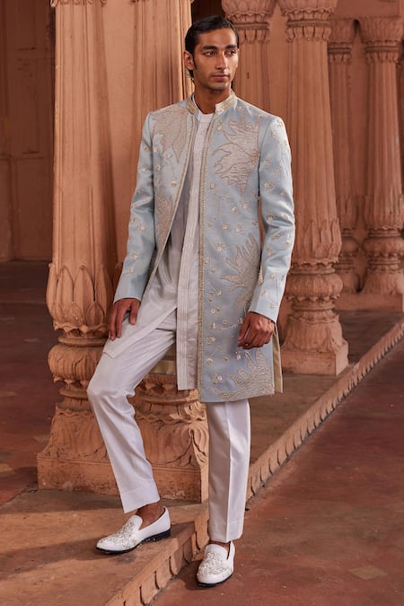 Buy Contrast By Parth Blue Silk, Jacquard Zari, Embroidery, Diamonds Elaya Zardozi Sherwani Set Online at Aza Fashions Buy_Contrast By Parth_Blue Silk, Jacquard Zari, Embroidery, Diamonds Elaya Zardozi Sherwani Set _Online_at_Aza_Fashions