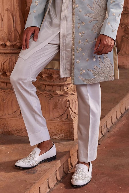 Shop Contrast By Parth Blue Silk, Jacquard Zari, Embroidery, Diamonds Elaya Zardozi Sherwani Set Online at Aza Fashions Shop_Contrast By Parth_Blue Silk, Jacquard Zari, Embroidery, Diamonds Elaya Zardozi Sherwani Set _Online_at_Aza_Fashions