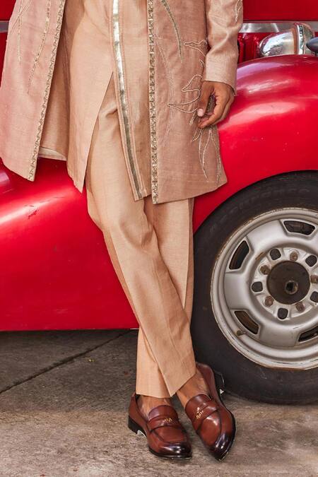 Contrast By Parth_Brown Silk Embroidery, Cut Work Raabta Applique Sherwani Set _Online_at_Aza_Fashions