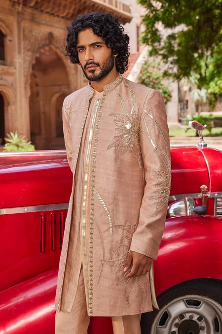 Buy_Contrast By Parth_Brown Silk Embroidery, Cut Work Raabta Applique Sherwani Set _Online_at_Aza_Fashions