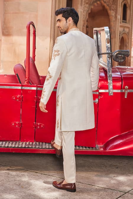 Shop_Contrast By Parth_Ivory Silk Embroidery Shaheen Embellished Sherwani Set _at_Aza_Fashions