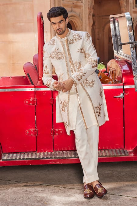 Contrast By Parth_Ivory Silk Embroidery Shaheen Embellished Sherwani Set _Online_at_Aza_Fashions