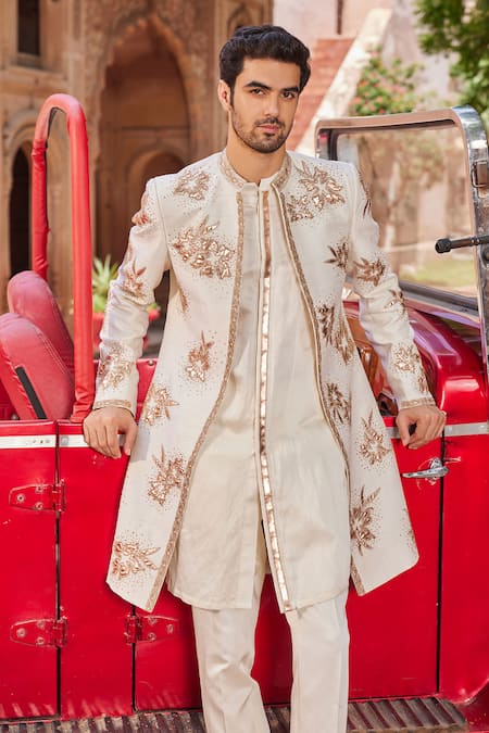 Buy_Contrast By Parth_Ivory Silk Embroidery Shaheen Embellished Sherwani Set _Online_at_Aza_Fashions