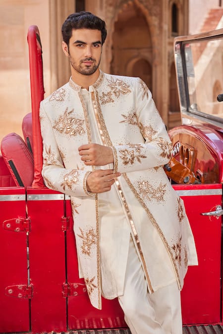 Shop_Contrast By Parth_Ivory Silk Embroidery Shaheen Embellished Sherwani Set _Online_at_Aza_Fashions