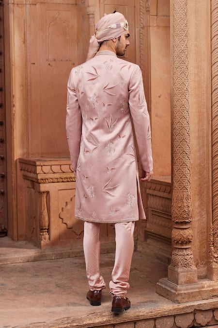 Shop Contrast By Parth Pink Silk, Jacquard Embroidery Floral Embellished Sherwani Set at Aza Fashions Shop_Contrast By Parth_Pink Silk, Jacquard Embroidery Floral Embellished Sherwani Set _at_Aza_Fashions