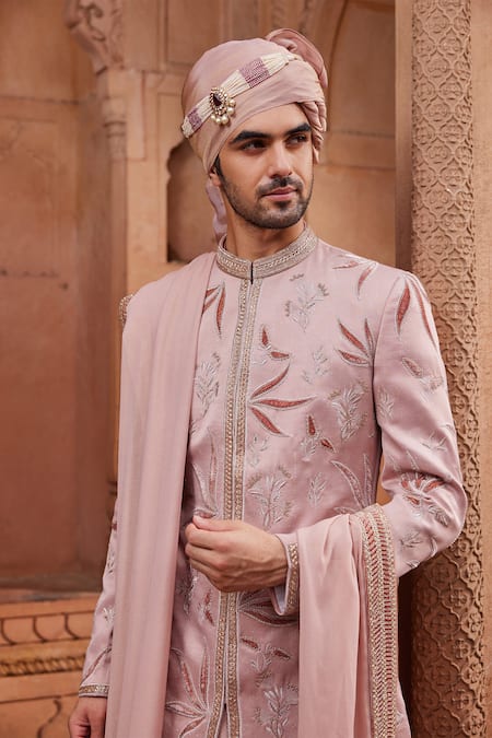 Contrast By Parth Pink Silk, Jacquard Embroidery Floral Embellished Sherwani Set Online at Aza Fashions Contrast By Parth_Pink Silk, Jacquard Embroidery Floral Embellished Sherwani Set _Online_at_Aza_Fashions