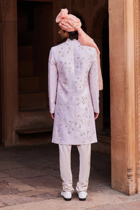 Shop Contrast By Parth Grey Silk, Cotton Zari, Diamonds, Embroidery Asmaa Resham Work Sherwani Set at Aza Fashions Shop_Contrast By Parth_Grey Silk, Cotton Zari, Diamonds, Embroidery Asmaa Resham Work Sherwani Set _at_Aza_Fashions