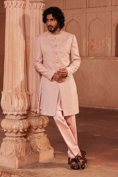 Contrast By Parth Pink Silk Jacquard Woven Geometric Basit Sherwani Set 