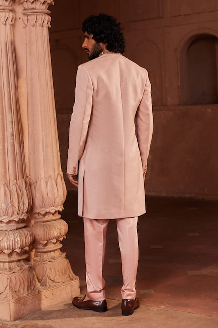 Shop Contrast By Parth Pink Silk, Jacquard Cut Work, Embroidery Basit Geometric Woven Sherwani Set at Aza Fashions Shop_Contrast By Parth_Pink Silk, Jacquard Cut Work, Embroidery Basit Geometric Woven Sherwani Set _at_Aza_Fashions