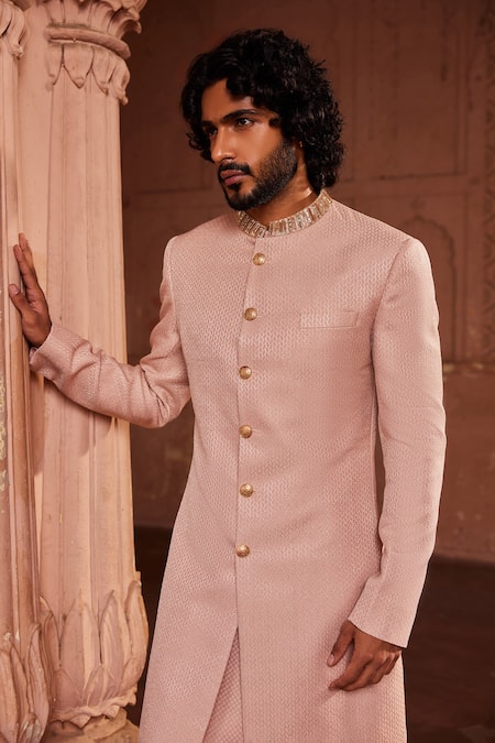 Buy Contrast By Parth Pink Silk, Jacquard Cut Work, Embroidery Basit Geometric Woven Sherwani Set Online at Aza Fashions Buy_Contrast By Parth_Pink Silk, Jacquard Cut Work, Embroidery Basit Geometric Woven Sherwani Set _Online_at_Aza_Fashions
