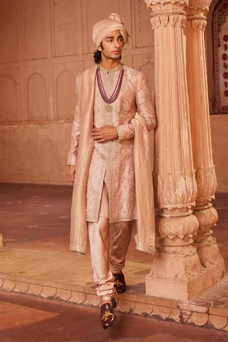 Contrast By Parth Brown Raw Silk Embroidery Zardozi Izaar Sherwani Set 