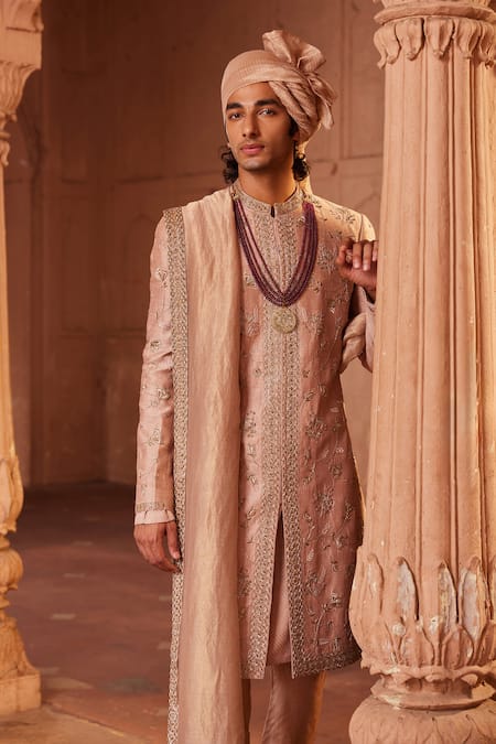 Contrast By Parth_Brown Silk Zari, Embroidery Izaar Zardozi Sherwani Set _Online_at_Aza_Fashions