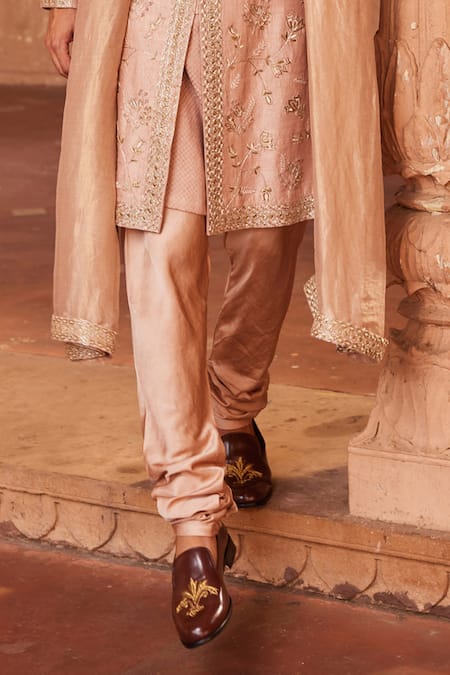 Buy_Contrast By Parth_Brown Silk Zari, Embroidery Izaar Zardozi Sherwani Set _Online_at_Aza_Fashions