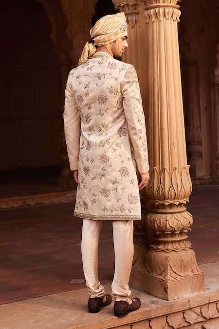 Shop Contrast By Parth Beige Silk, Jacquard Zari Gulzaar Embellished Sherwani Set at Aza Fashions Shop_Contrast By Parth_Beige Silk, Jacquard Zari Gulzaar Embellished Sherwani Set _at_Aza_Fashions