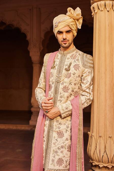 Contrast By Parth Beige Silk, Jacquard Zari Gulzaar Embellished Sherwani Set Online at Aza Fashions Contrast By Parth_Beige Silk, Jacquard Zari Gulzaar Embellished Sherwani Set _Online_at_Aza_Fashions