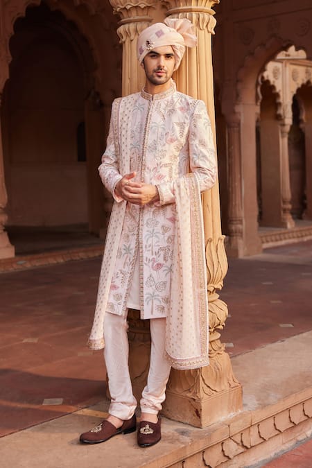 Contrast By Parth Pink Raw Silk Embroidery Resham Flamingo Sherwani Set 