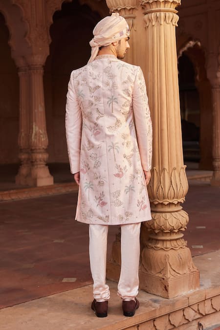 Shop_Contrast By Parth_Pink Silk, Cotton Zari, Diamonds, Embroidery Flamingo Sherwani Set _at_Aza_Fashions