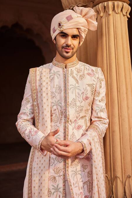 Contrast By Parth_Pink Silk, Cotton Zari, Diamonds, Embroidery Flamingo Sherwani Set _Online_at_Aza_Fashions