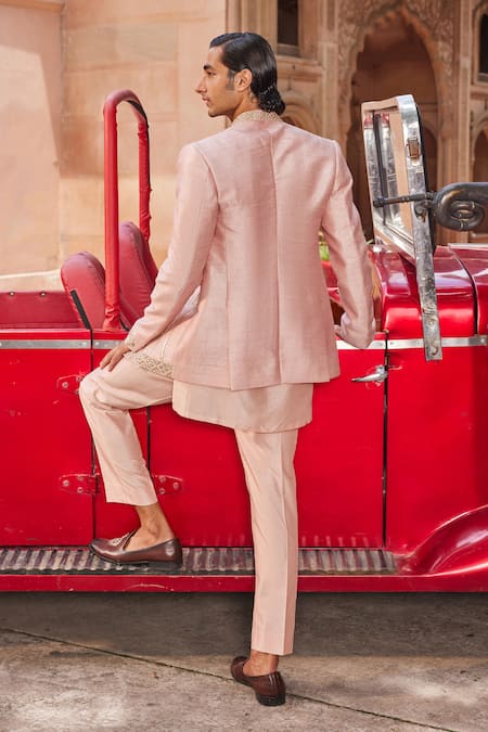 Shop_Contrast By Parth_Pink Silk Patchwork Palm Tree Embroidered Jacket And Kurta Set _at_Aza_Fashions