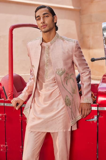 Buy_Contrast By Parth_Pink Silk Patchwork Palm Tree Embroidered Jacket And Kurta Set _Online_at_Aza_Fashions