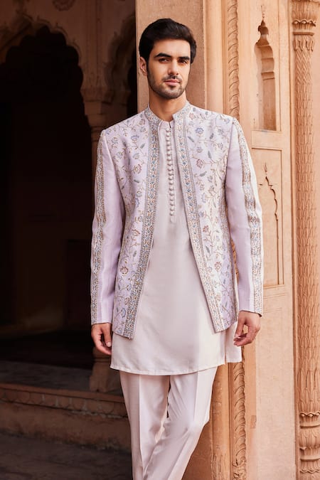 Buy Contrast By Parth Grey Silk Embroidery Aasma Resham Jacket And Kurta Set Online at Aza Fashions Buy_Contrast By Parth_Grey Silk Embroidery Aasma Resham Jacket And Kurta Set _Online_at_Aza_Fashions