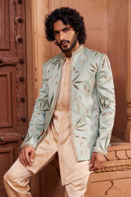 Buy Contrast By Parth Green Silk, Jacquard Zari, Cut Work Patchwork Embellished Jacket And Kurta Set Online at Aza Fashions Buy_Contrast By Parth_Green Silk, Jacquard Zari, Cut Work Patchwork Embellished Jacket And Kurta Set _Online_at_Aza_Fashions