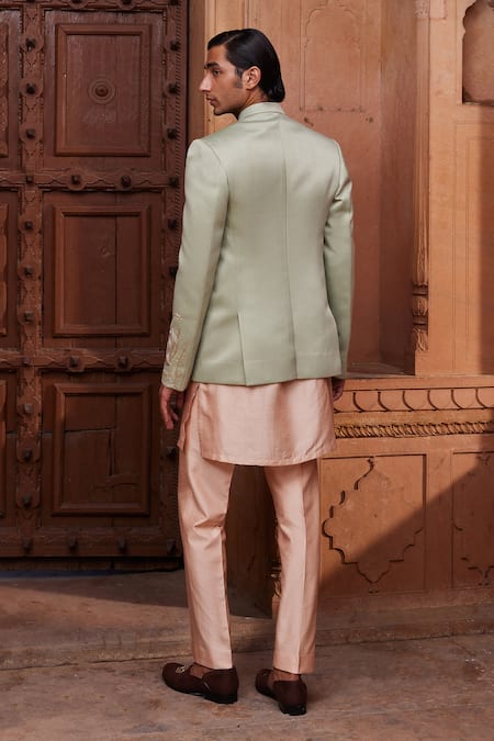 Shop Contrast By Parth Green Silk, Jacquard Zari, Diamonds Ruhaab Floral Embroidered Jacket And Kurta Set at Aza Fashions Shop_Contrast By Parth_Green Silk, Jacquard Zari, Diamonds Ruhaab Floral Embroidered Jacket And Kurta Set _at_Aza_Fashions