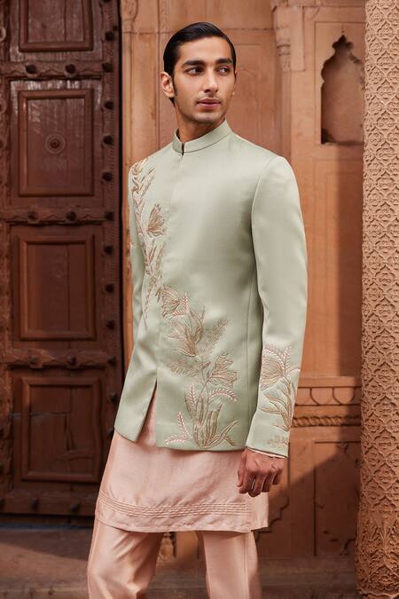 Buy Contrast By Parth Green Silk, Jacquard Zari, Diamonds Ruhaab Floral Embroidered Jacket And Kurta Set Online at Aza Fashions Buy_Contrast By Parth_Green Silk, Jacquard Zari, Diamonds Ruhaab Floral Embroidered Jacket And Kurta Set _Online_at_Aza_Fashions
