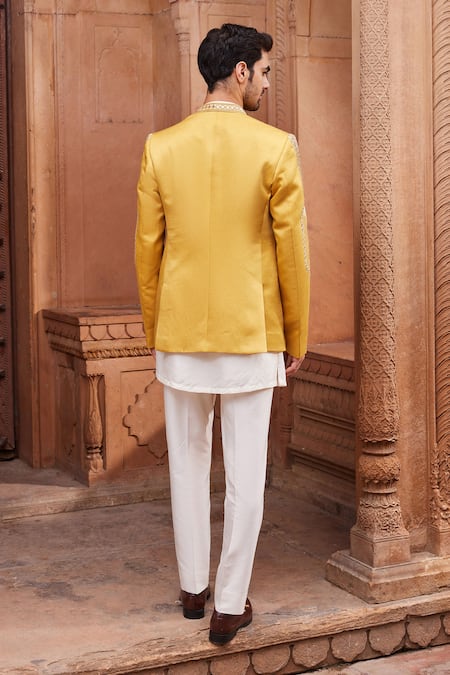 Shop_Contrast By Parth_Yellow Linen, Silk Mirrors, Zari Seerat Embellished Jacket And Kurta Set _at_Aza_Fashions