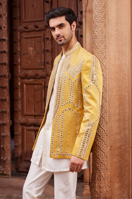 Buy_Contrast By Parth_Yellow Linen, Silk Mirrors, Zari Seerat Embellished Jacket And Kurta Set _Online_at_Aza_Fashions