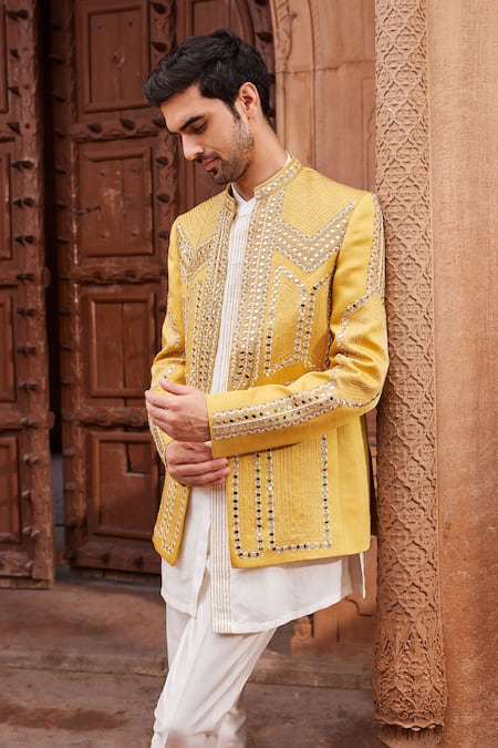 Shop_Contrast By Parth_Yellow Linen, Silk Mirrors, Zari Seerat Embellished Jacket And Kurta Set _Online_at_Aza_Fashions