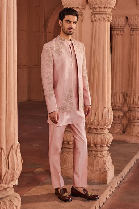 Contrast By Parth Pink Textured Silk Embroidery Applique Naaz Floral Jacket And Kurta Set 