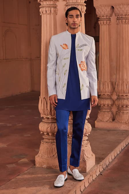 Contrast By Parth Blue Pure Silk Embroidery Dabka Bagh Hand Painted Jacket And Kurta Set 