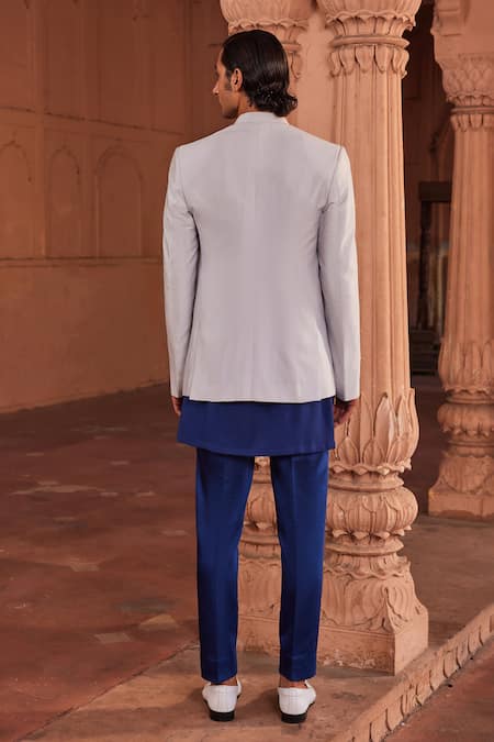 Shop Contrast By Parth Blue Silk Embroidery, Cut Work, Diamonds Bagh Hand Painted Jacket And Kurta Set at Aza Fashions Shop_Contrast By Parth_Blue Silk Embroidery, Cut Work, Diamonds Bagh Hand Painted Jacket And Kurta Set _at_Aza_Fashions