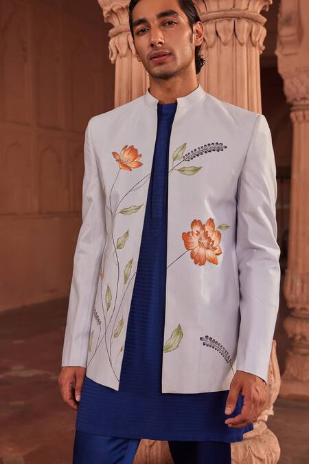 Buy Contrast By Parth Blue Silk Embroidery, Cut Work, Diamonds Bagh Hand Painted Jacket And Kurta Set Online at Aza Fashions Buy_Contrast By Parth_Blue Silk Embroidery, Cut Work, Diamonds Bagh Hand Painted Jacket And Kurta Set _Online_at_Aza_Fashions