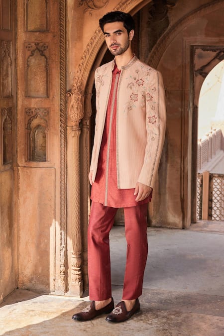 Contrast By Parth Pink Textured Silk Embroidery Cutdana Inayat Floral Jacket And Kurta Set 