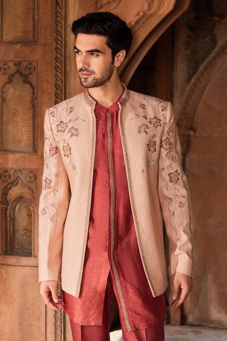 Contrast By Parth Pink Silk Embroidery Inayat Floral Jacket And Kurta Set Online at Aza Fashions Contrast By Parth_Pink Silk Embroidery Inayat Floral Jacket And Kurta Set _Online_at_Aza_Fashions