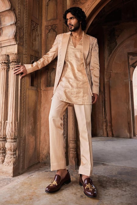 Buy_Contrast By Parth_Beige Linen, Silk Zari, Cut Work, Embroidery, Tabeer Floral Jacket And Kurta Set _Online_at_Aza_Fashions