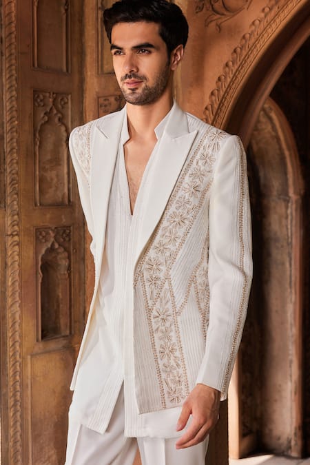 Buy_Contrast By Parth_Ivory Cotton, Polyester Cut Work Geometric Embroidered Jacket And Kurta Set _Online_at_Aza_Fashions