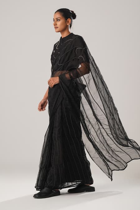 Atbw_Black Silk Organza Embroidery Dori Work Detailed Saree _Online_at_Aza_Fashions