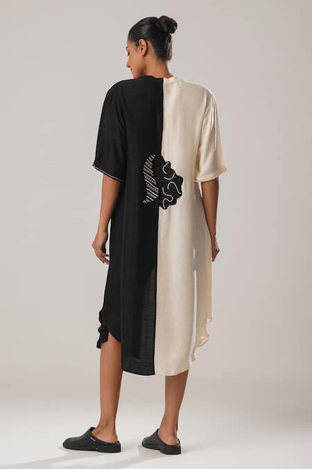 Shop Atbw Black Silk, Satin Embroidery V-neck Color Block Midi Dress at Aza Fashions Shop_Atbw_Black Silk, Satin Embroidery V-neck Color Block Midi Dress _at_Aza_Fashions
