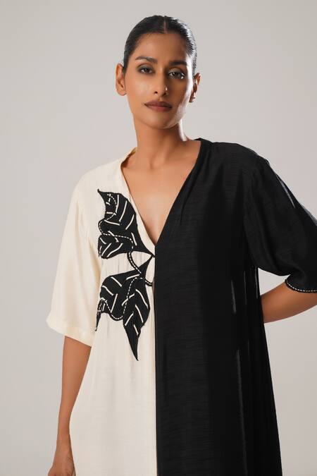 Shop Atbw Black Silk, Satin Embroidery V-neck Color Block Midi Dress Online at Aza Fashions Shop_Atbw_Black Silk, Satin Embroidery V-neck Color Block Midi Dress _Online_at_Aza_Fashions