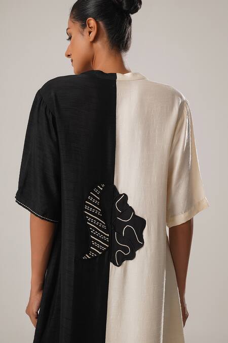 Atbw Black Silk, Satin Embroidery V-neck Color Block Midi Dress at Aza Fashions Atbw_Black Silk, Satin Embroidery V-neck Color Block Midi Dress _at_Aza_Fashions