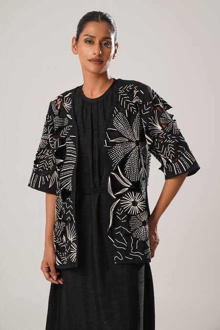 Shop Atbw Black Cotton Cut Work Round , Open Detailed Jacket With Dress Online at Aza Fashions Shop_Atbw_Black Cotton Cut Work Round , Open Detailed Jacket With Dress _Online_at_Aza_Fashions