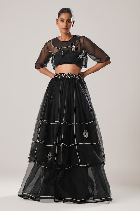 ATBW Black Silk Organza Embellished 3d Flower Layered Long Skirt 