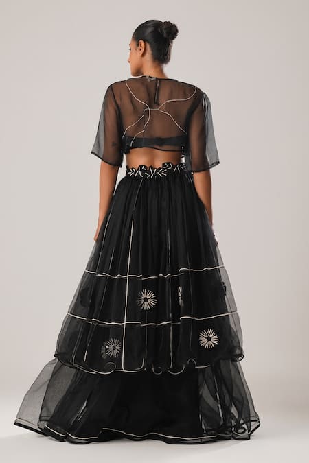 Shop Atbw Black Silk Organza Embroidery Layered Long Skirt at Aza Fashions Shop_Atbw_Black Silk Organza Embroidery Layered Long Skirt _at_Aza_Fashions