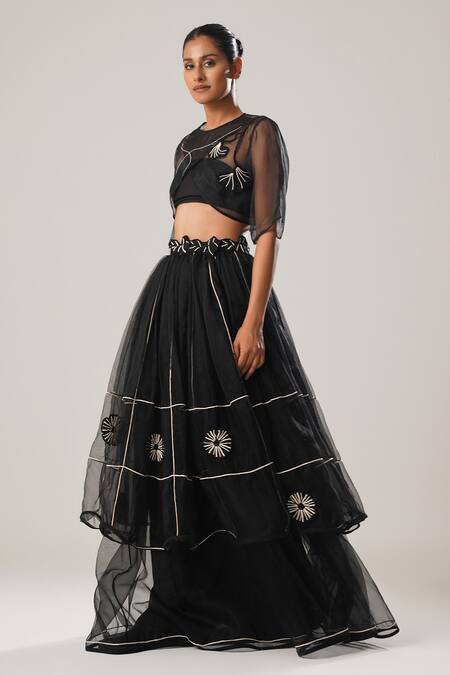 Atbw Black Silk Organza Embroidery Layered Long Skirt Online at Aza Fashions Atbw_Black Silk Organza Embroidery Layered Long Skirt _Online_at_Aza_Fashions