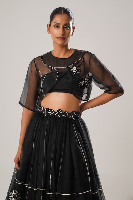 Shop Atbw Black Silk Organza Embroidery Layered Long Skirt Online at Aza Fashions Shop_Atbw_Black Silk Organza Embroidery Layered Long Skirt _Online_at_Aza_Fashions