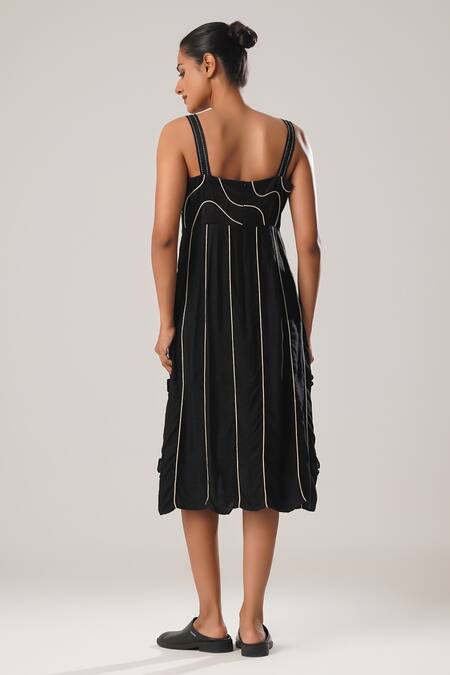 Shop Atbw Black Silk, Satin Embroidery Square Neck 3d Flower Detailed Dress at Aza Fashions Shop_Atbw_Black Silk, Satin Embroidery Square Neck 3d Flower Detailed Dress _at_Aza_Fashions