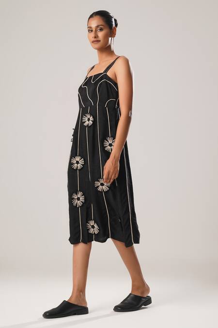 Atbw Black Silk, Satin Embroidery Square Neck 3d Flower Detailed Dress Online at Aza Fashions Atbw_Black Silk, Satin Embroidery Square Neck 3d Flower Detailed Dress _Online_at_Aza_Fashions